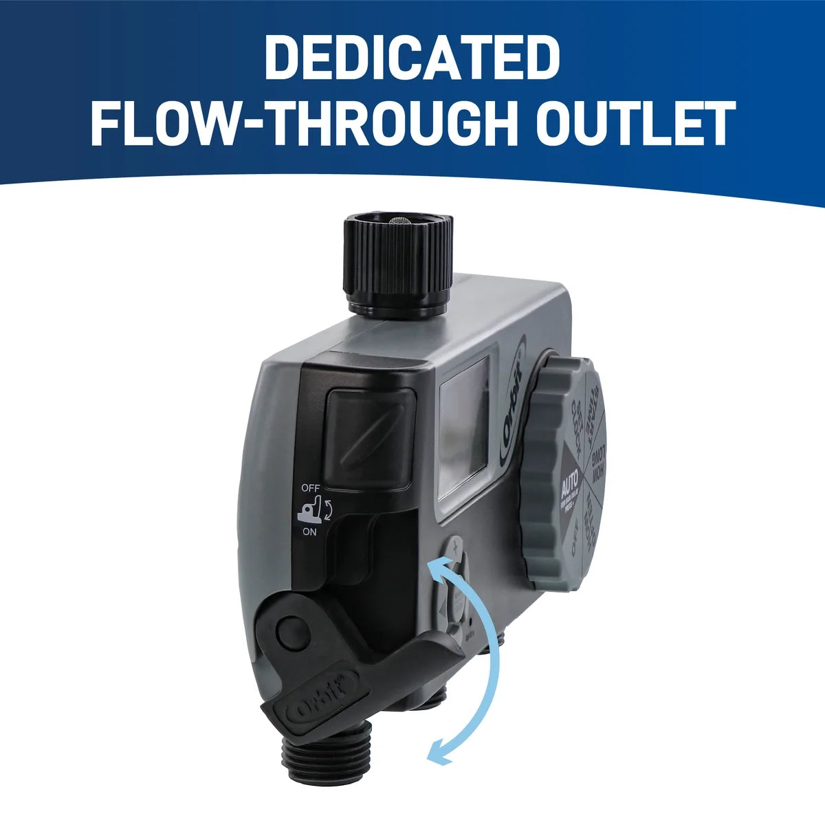 3-outlet hose faucet timer by Orbit Irrigation with digital controls and flow-through outlet on Tampa Home & Garden Store