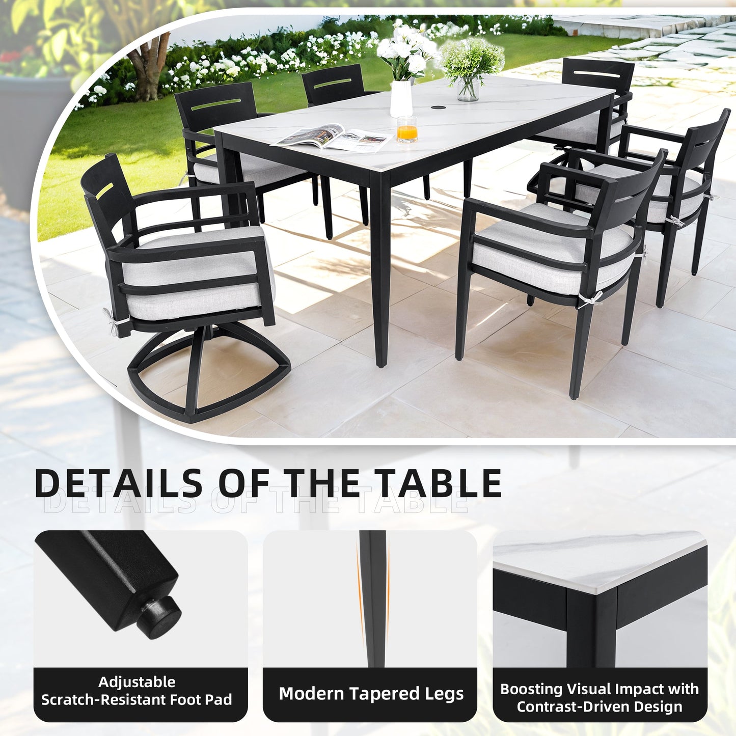 Modern 7pc outdoor patio aluminum dining set with black frames and white marble-top table on Tampa Home & Garden Store
