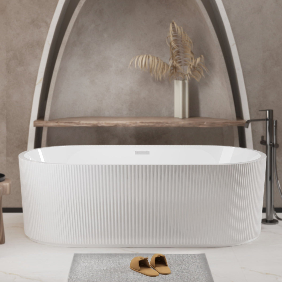HouseOfZazla Modern Double Wall Freestanding Soaker Tub with ribbed white exterior on Tampa Home & Garden Store