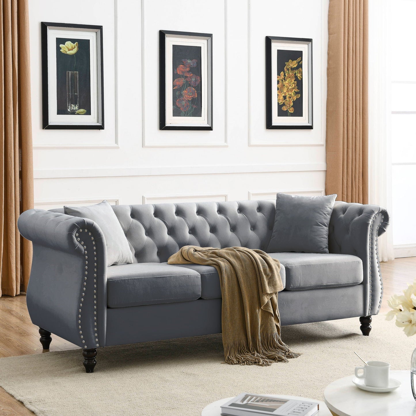 Chesterfield Sofa With Nailhead Trim and Cushions