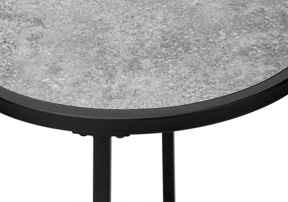 Round accent side table; grey textured stone top, black metal frame; Unique Piece Furniture on Tampa Home & Garden Store