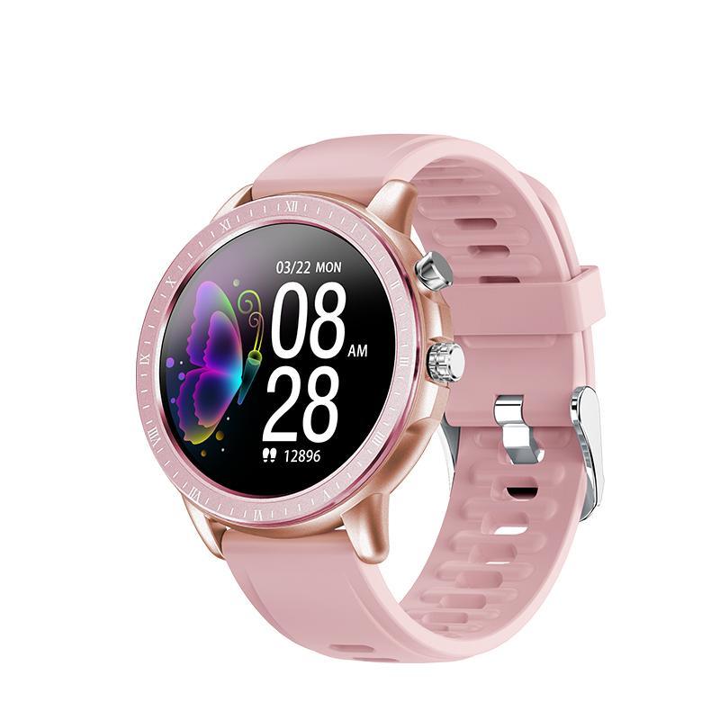 Smartwatch by Stevvex in pink with rose-gold case, silicone strap and heart rate monitor on Tampa Home & Garden Store
