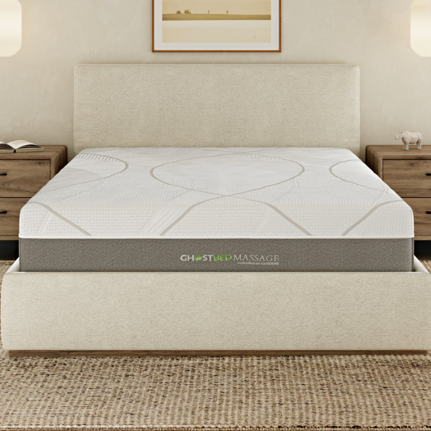 GhostBed Massage Mattress Hybrid Profile on beige upholstered bed with gray headboard on Tampa Home & Garden Store