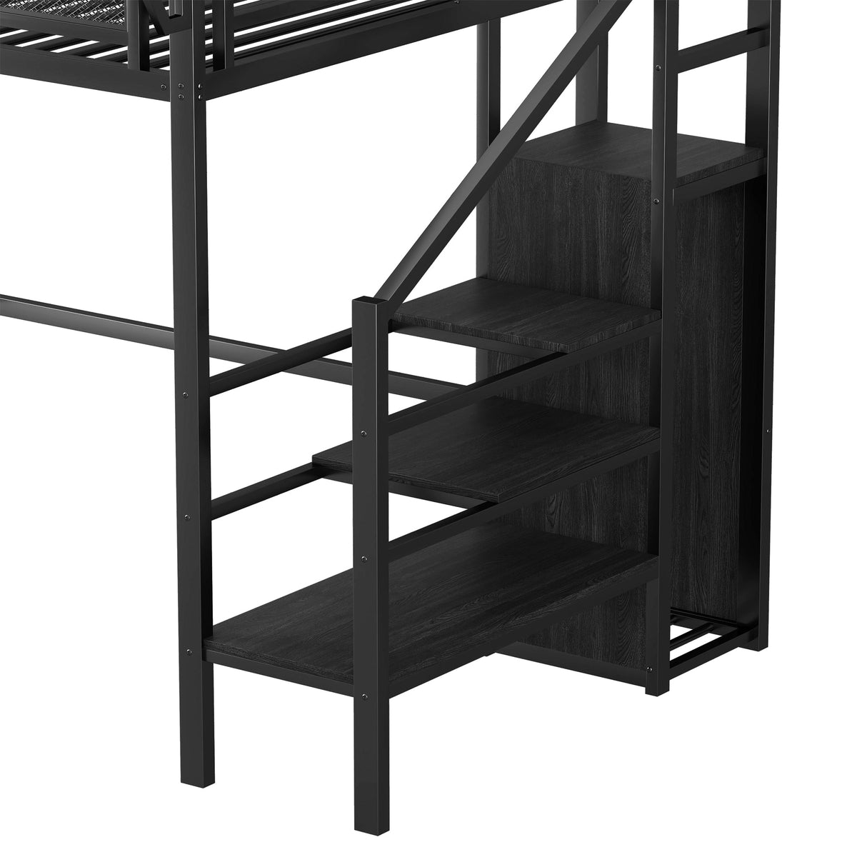 Twin Size Loft Bed with Stairs in black metal frame with storage shelves on Tampa Home & Garden Store