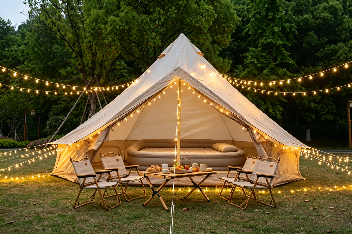 Oxford Bell Tent for Family Camping by HouseOfZazla, cream canvas with string lights on Tampa Home & Garden Store