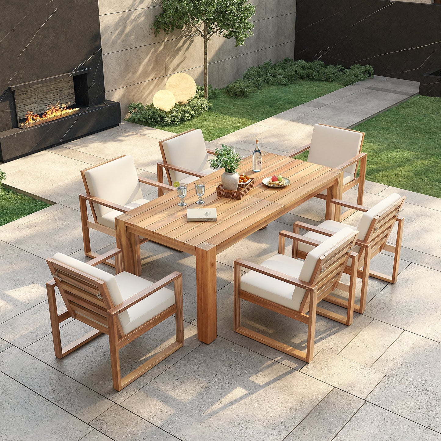 Trexm 7 Piece Acacia Patio Table and 6 Chairs Set