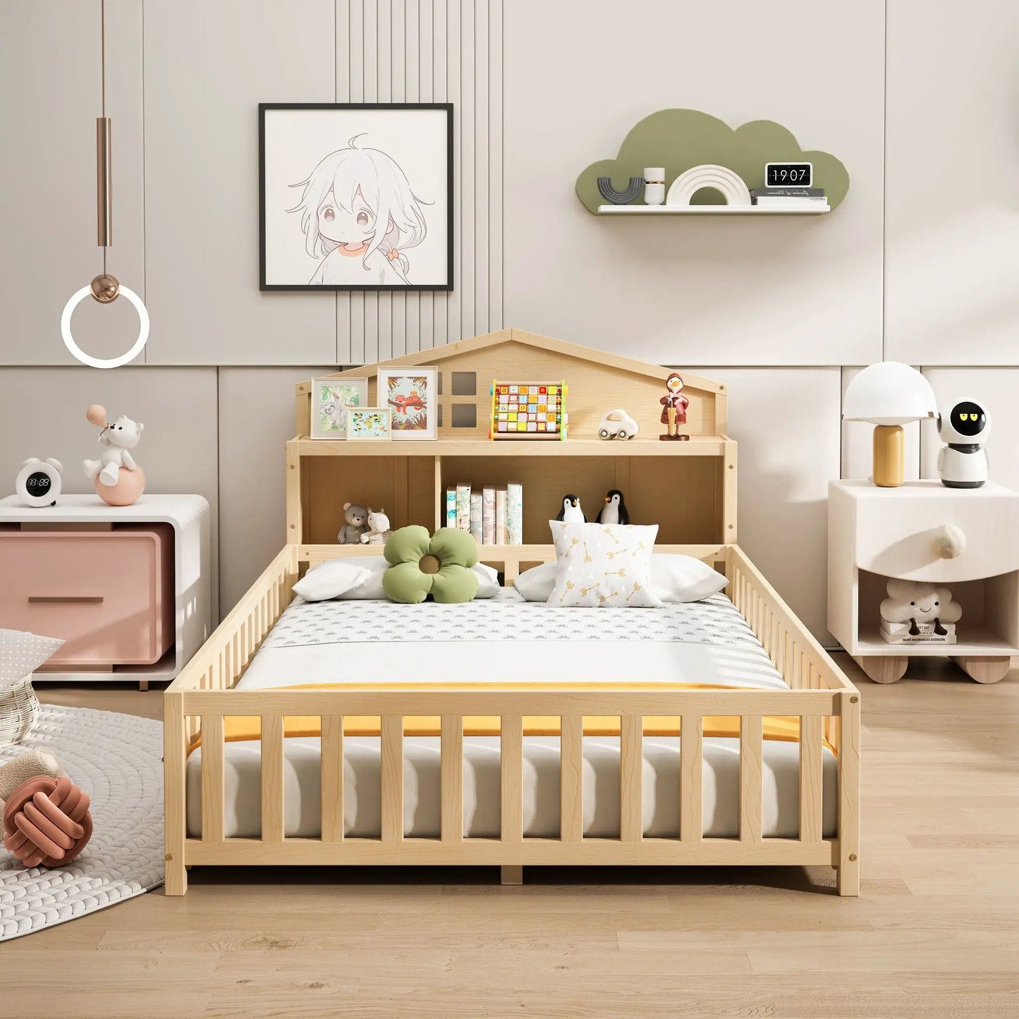 Full-size Montessori floor bed with guard rails and storage headboards in natural wood on Tampa Home & Garden Store