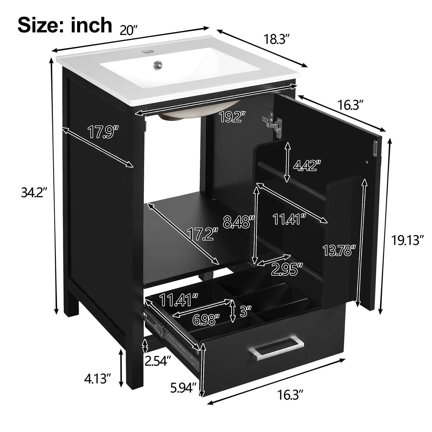 Bathroom Vanity Ceramic Sink and Divider Drawer