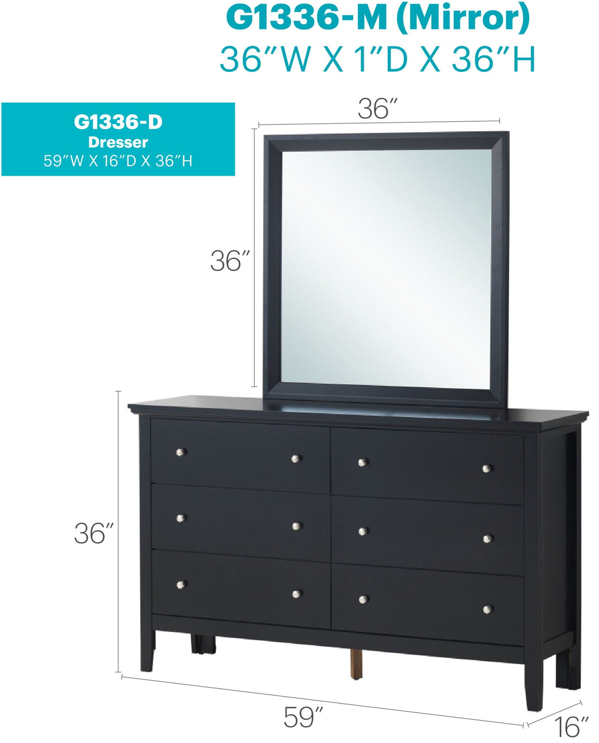 Primo Dresser by HouseOfZazla in black finish with hardwood frame and French dovetail drawers, 59W x 16D x 36H, mirror on Tampa Home & Garden Store