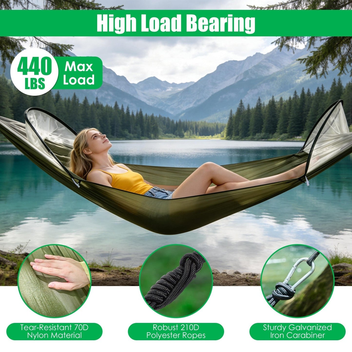GemGear Camping Hammock with Mosquito Net 3-in-1, olive green, 440 lbs max load on Tampa Home & Garden Store