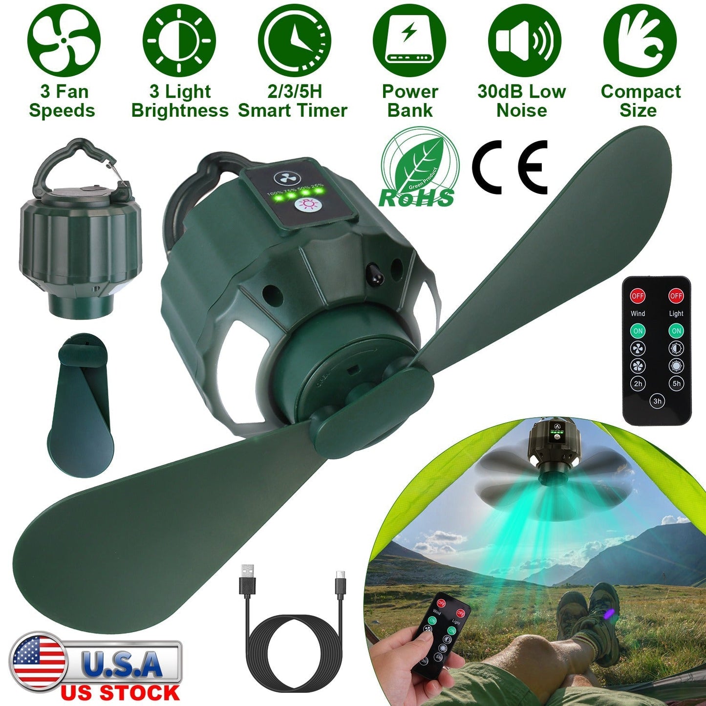 GemGear portable camping ceiling LED fan with 5200mAh USB battery, 3 speeds, remote on Tampa Home & Garden Store