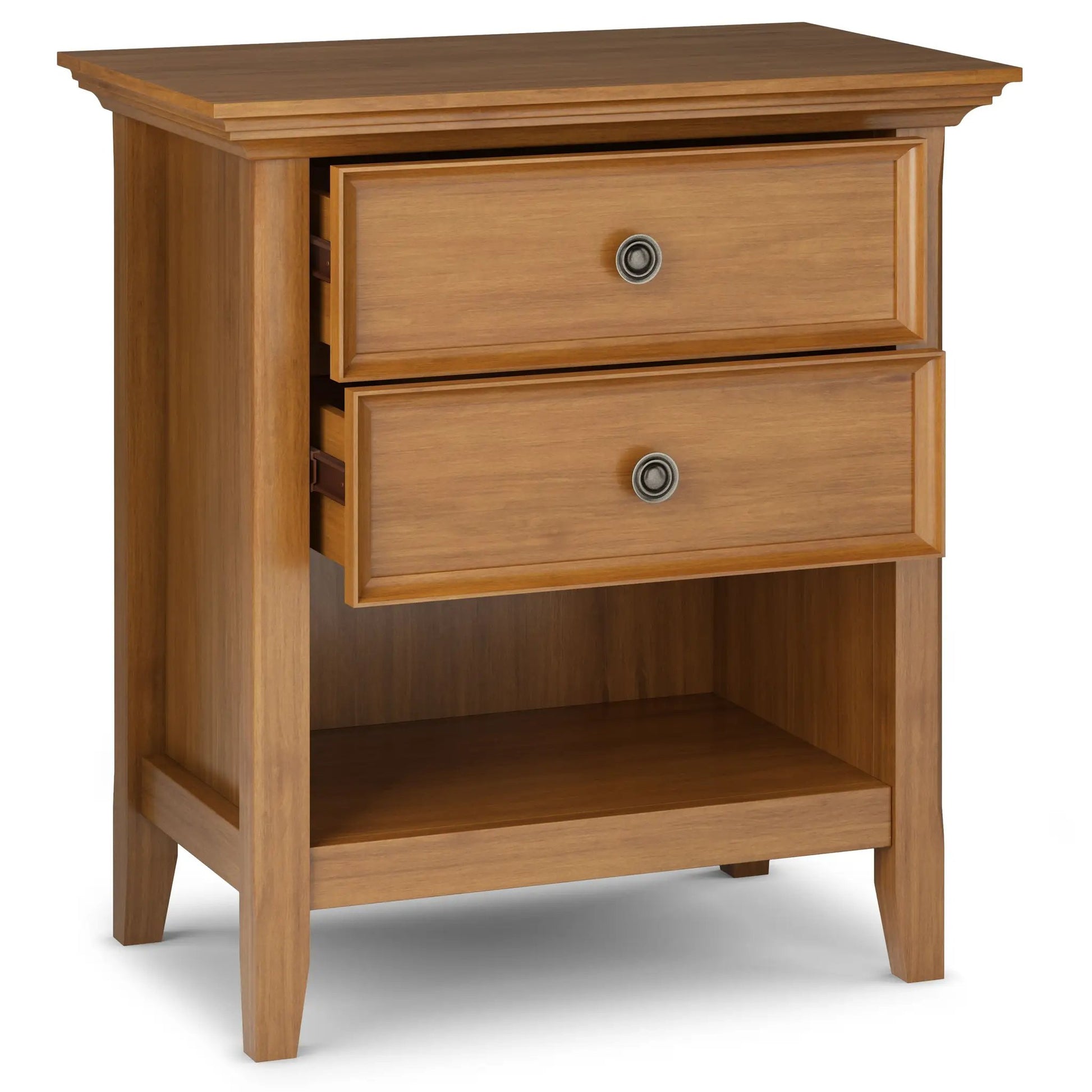 Amherst bedside table handcrafted in warm oak with crown-molded top and metal ring knob on Tampa Home & Garden Store