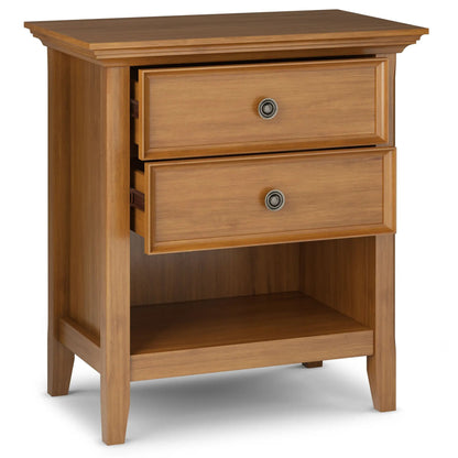 Amherst bedside table handcrafted in warm oak with crown-molded top and metal ring knob on Tampa Home & Garden Store