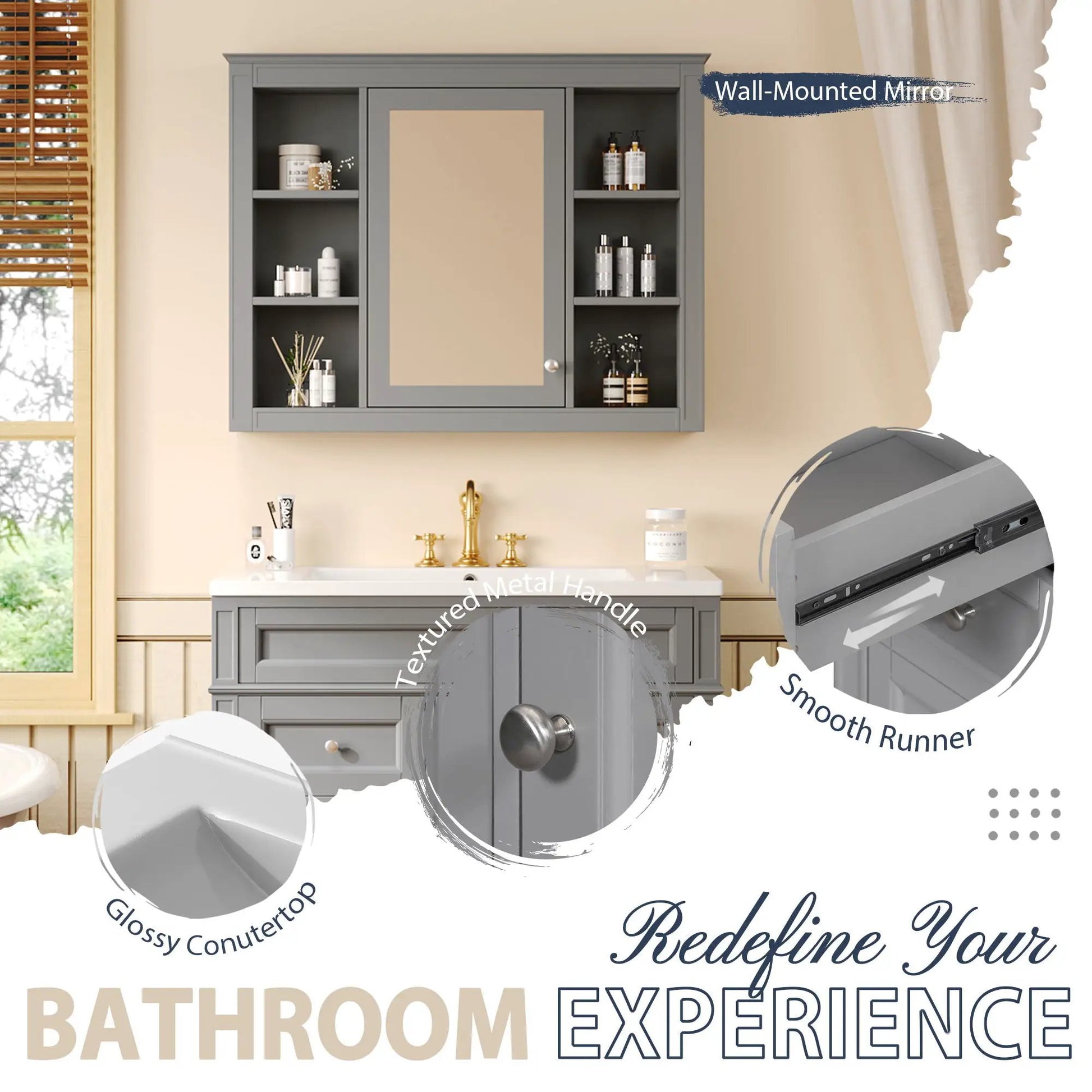 Bathroom vanity with mirror cabinet gray finish, single sink, 2 soft-close doors and 4 drawers on Tampa Home & Garden Store