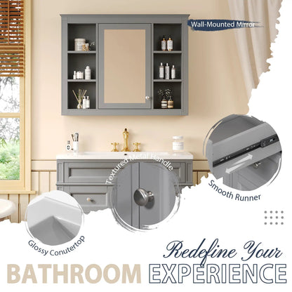 Bathroom vanity with mirror cabinet gray finish, single sink, 2 soft-close doors and 4 drawers on Tampa Home & Garden Store