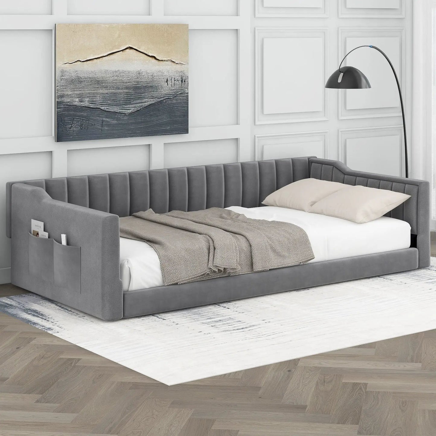 Daybed with side storage pockets in gray fabric by Unique Piece Furniture on Tampa Home & Garden Store