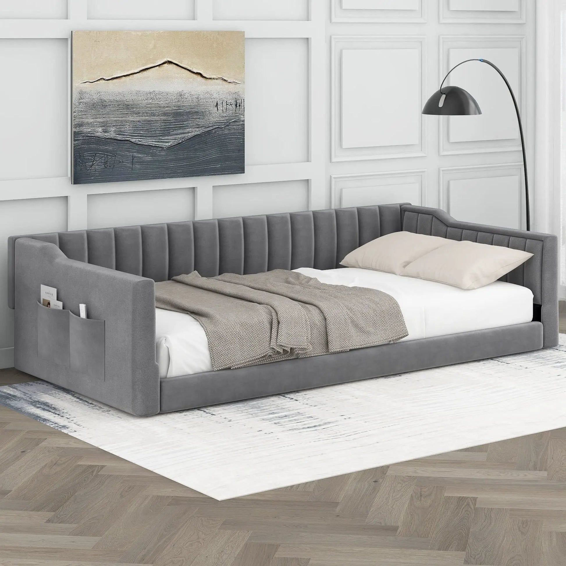 Daybed with side storage pockets in gray fabric by Unique Piece Furniture on Tampa Home & Garden Store