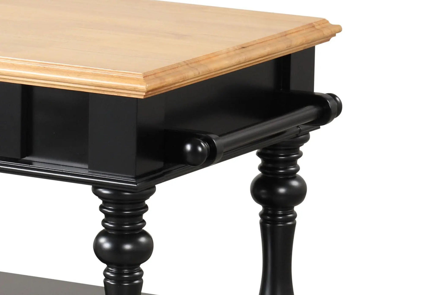 Kitchen island with light wood top and black base featuring turned legs on Tampa Home & Garden Store