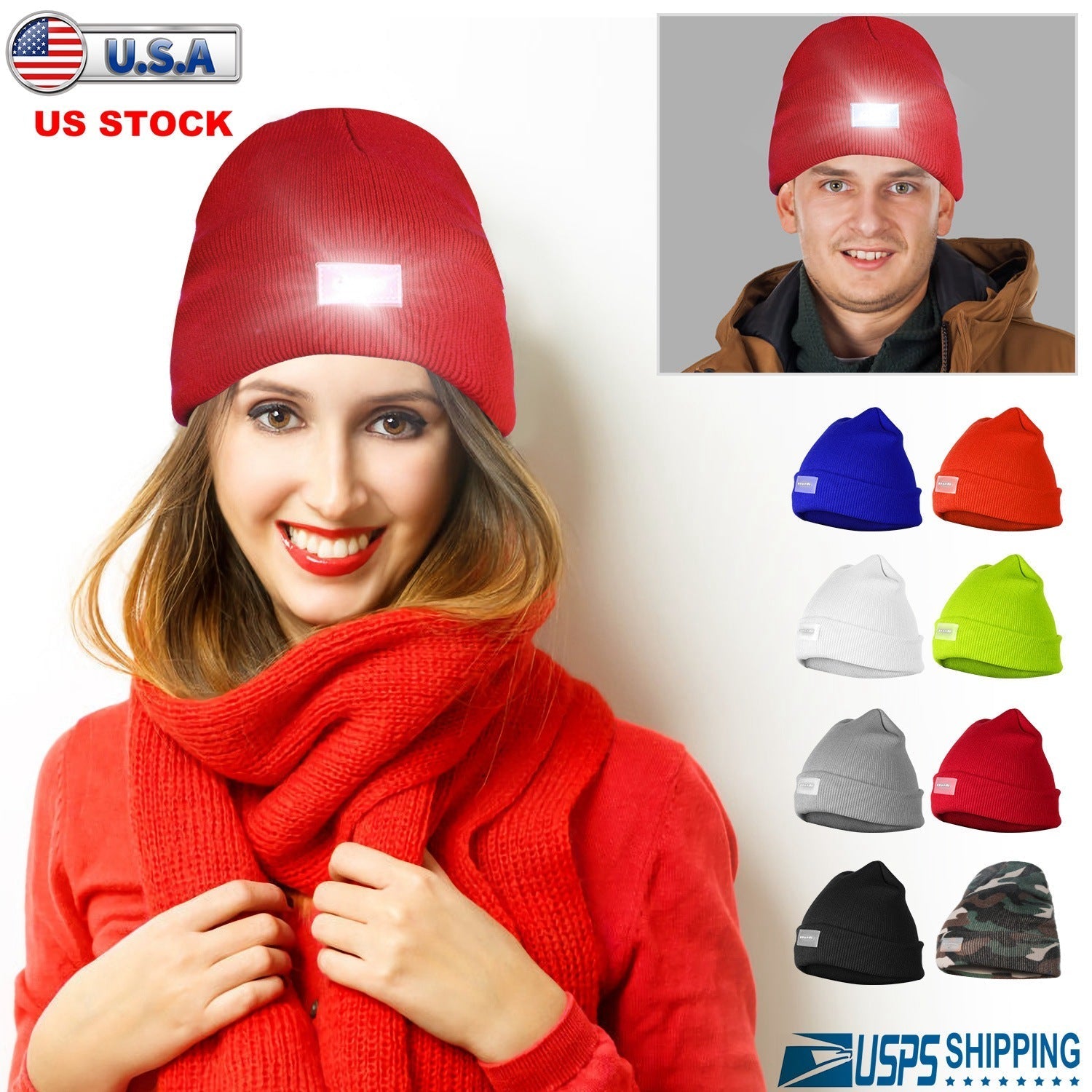 GemGear unisex 5 LED knitted beanie with front headlamp, red shown, 8 color options on Tampa Home & Garden Store
