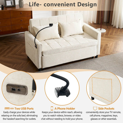 Beige sleeper loveseat with pull-out bed, USB ports, side pockets, phone holder on Tampa Home & Garden Store