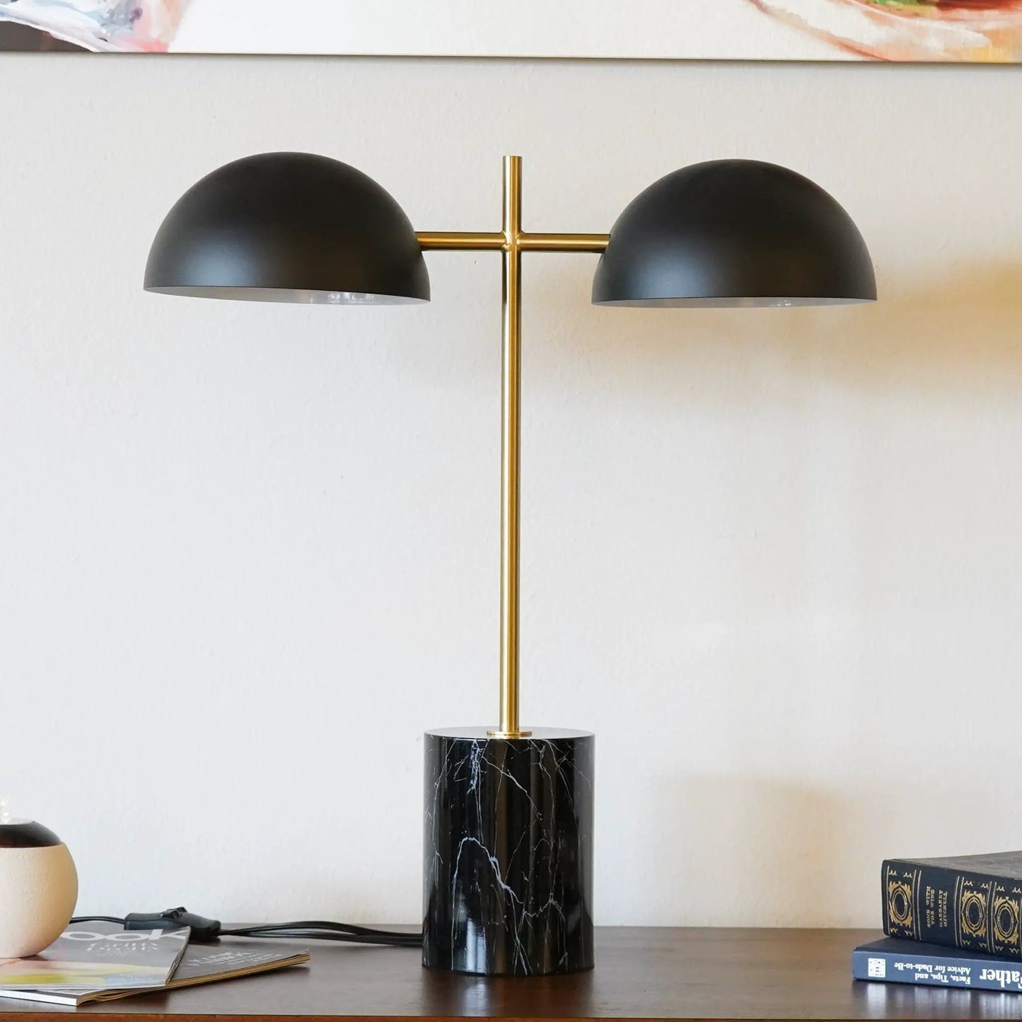 Nova Hydro double table lamp with black shades, gold stem, marble base on Tampa Home & Garden Store