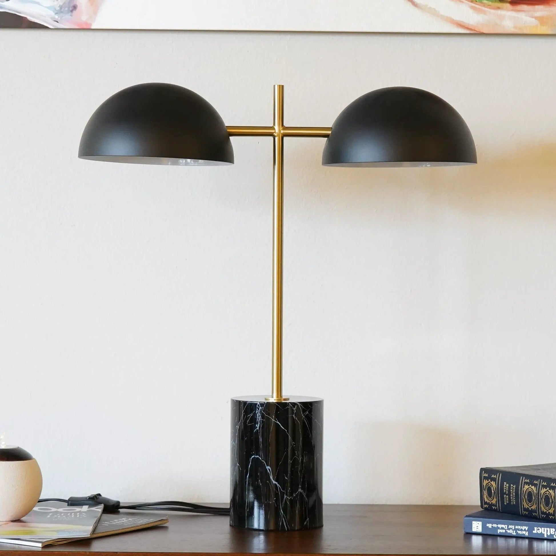 Nova Hydro double table lamp with black shades, gold stem, marble base on Tampa Home & Garden Store
