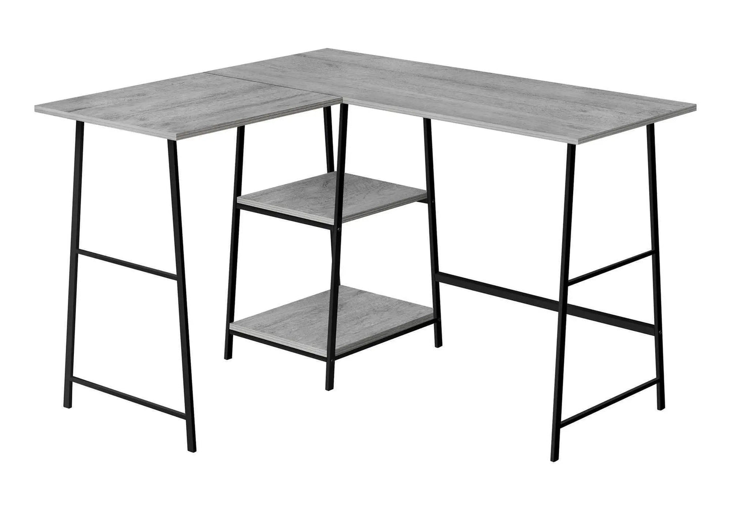 L-shaped computer desk with grey wood grain top, black metal frame, and integrated lower storage shelves on Tampa Home & Garden Store