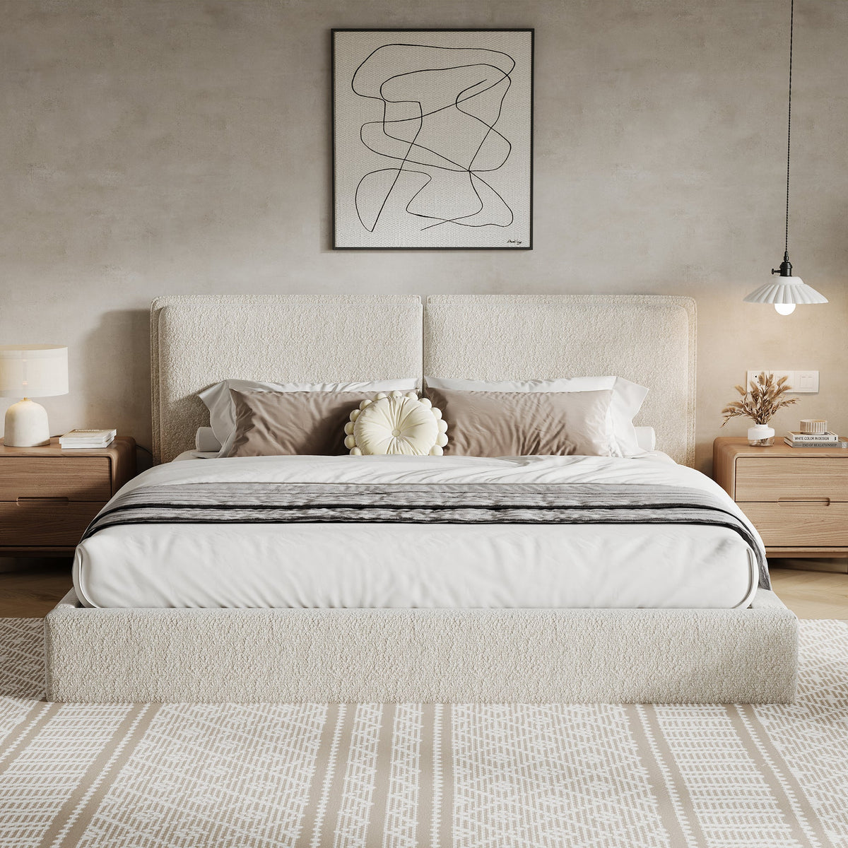 Double-Pillow upholstered bed in beige cream skin-friendly fabric with plush headboard on Tampa Home & Garden Store