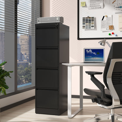 Black steel vertical filing cabinet with lock, Canon printer on top in a modern office setup on Tampa Home & Garden Store