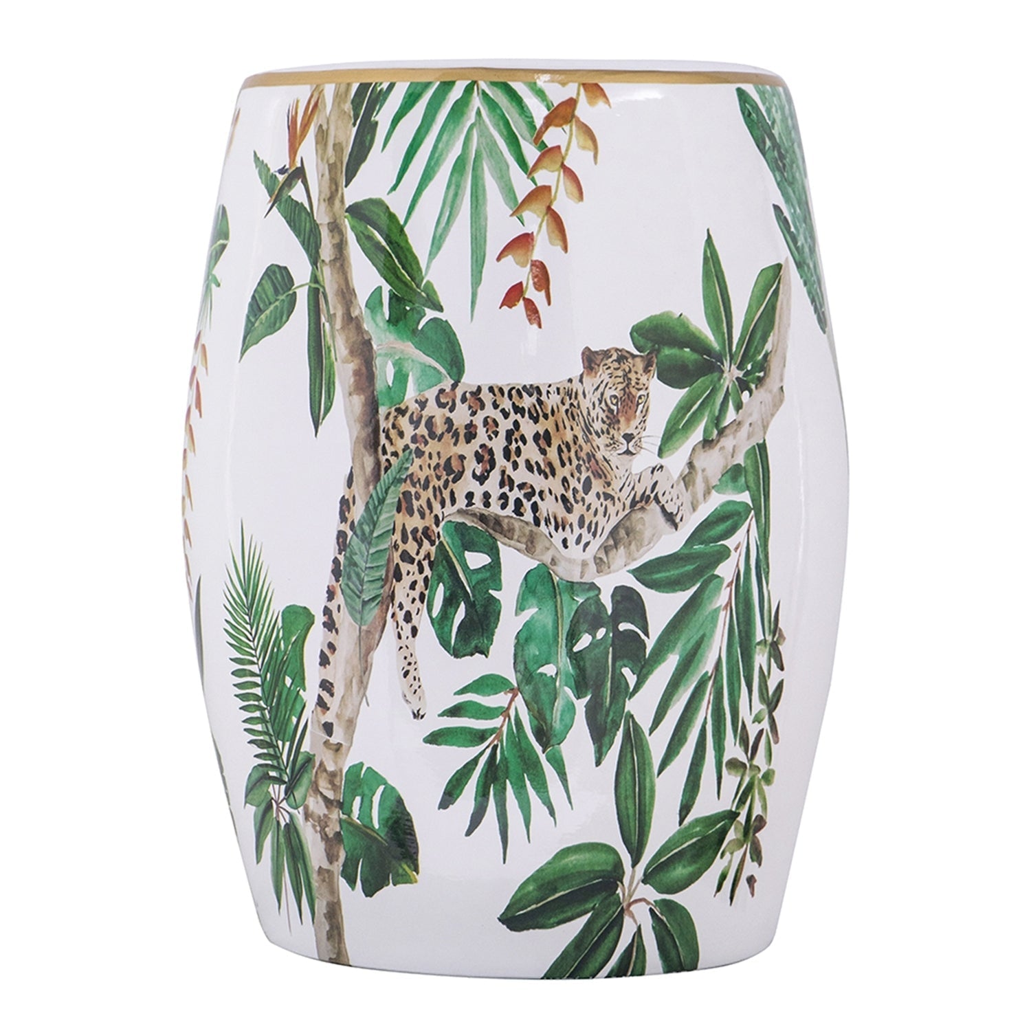 Jungle-themed ceramic garden stool with leopard print and tropical leaves by HouseOfZazla on Tampa Home & Garden Store