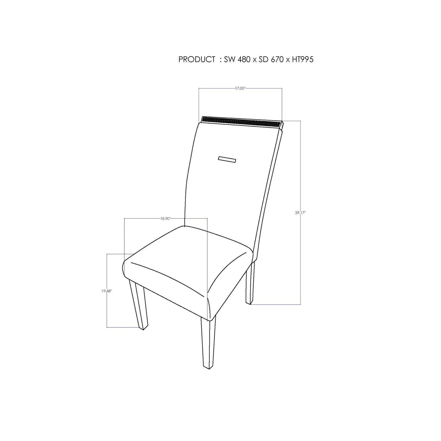 Ariya dining chair blueprint by Unique Piece Furniture with dimension lines and tapered legs on Tampa Home & Garden Store