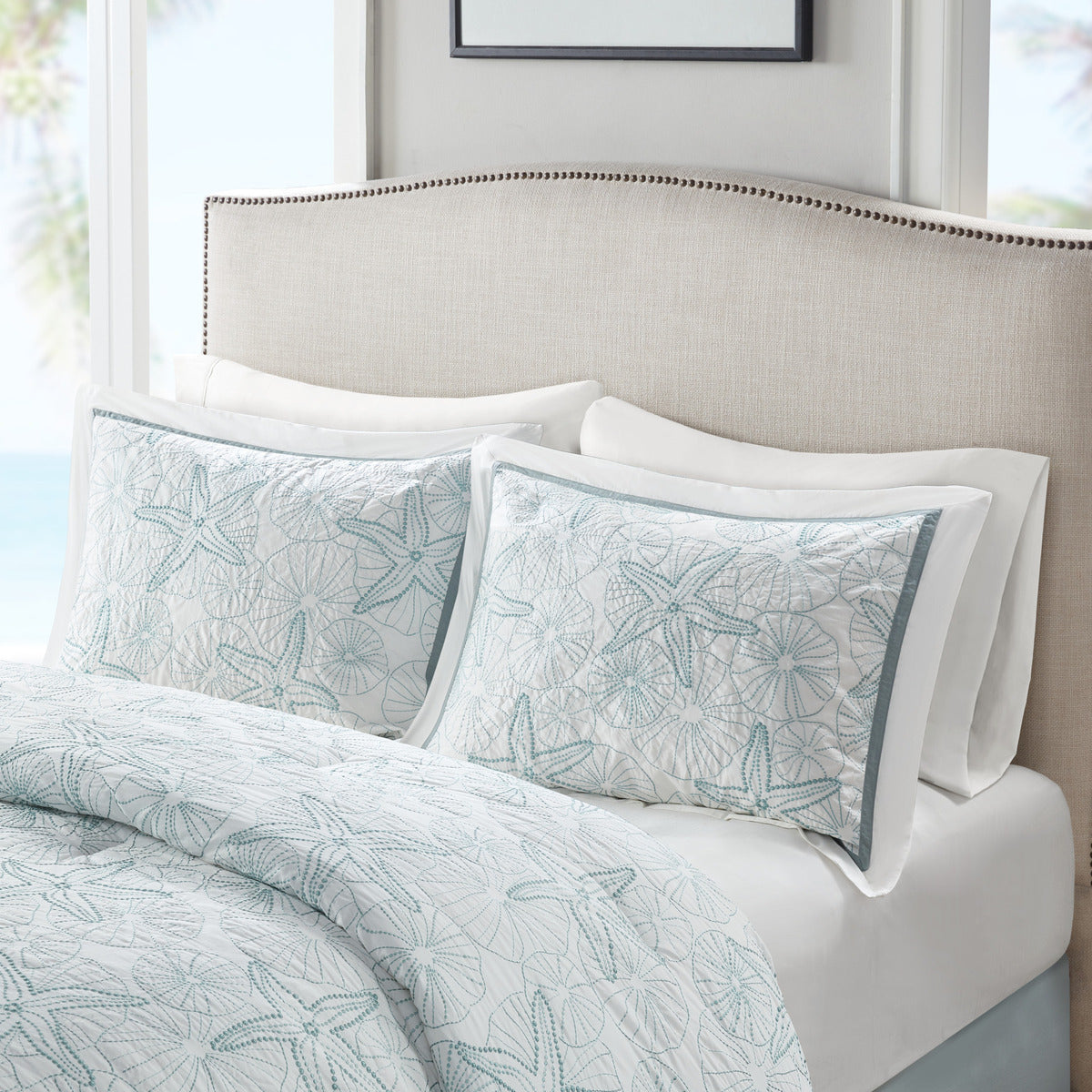 Comforter Set White King with pale blue sea star pattern and matching shams on bed on Tampa Home & Garden Store