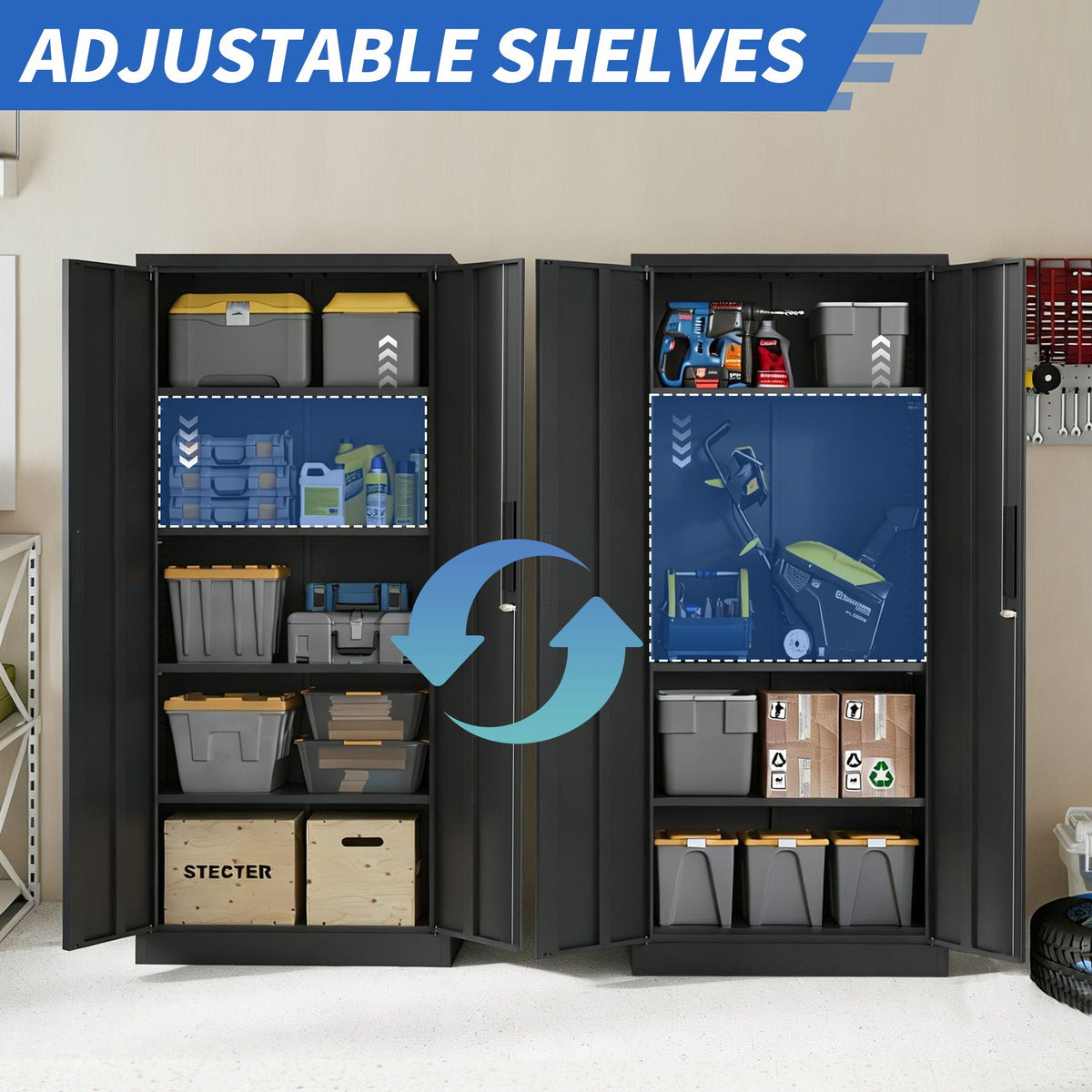 Steel garage storage cabinet by HouseOfZazla, black with adjustable shelves and lock on Tampa Home & Garden Store