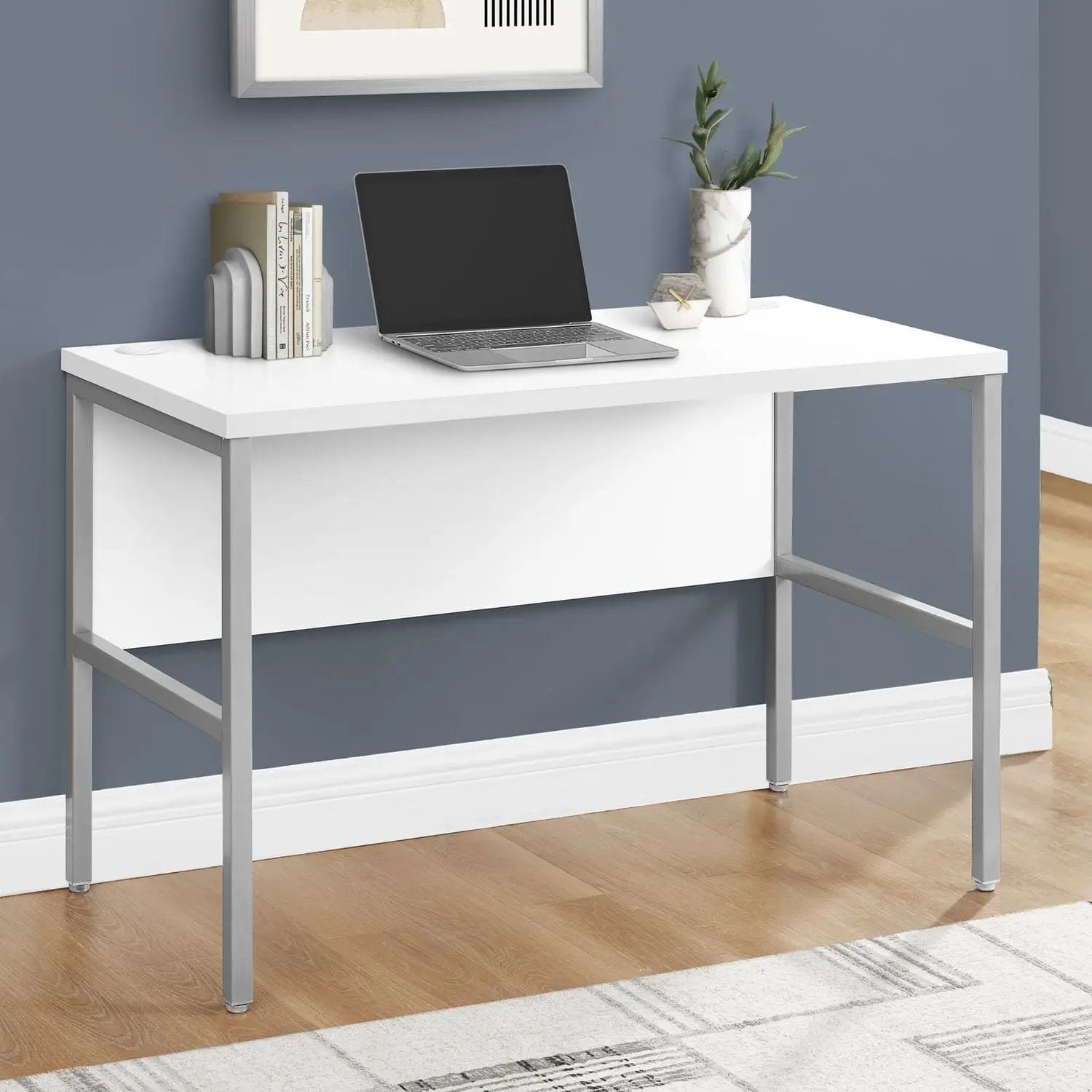 Computer Desk with white top and silver metal frame, laptop and plant Unique Piece Furniture on Tampa Home & Garden Store