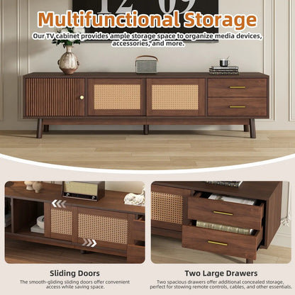 TV Stand for 80-inch TVs in dark brown wood with sliding doors and two drawers on Tampa Home & Garden Store