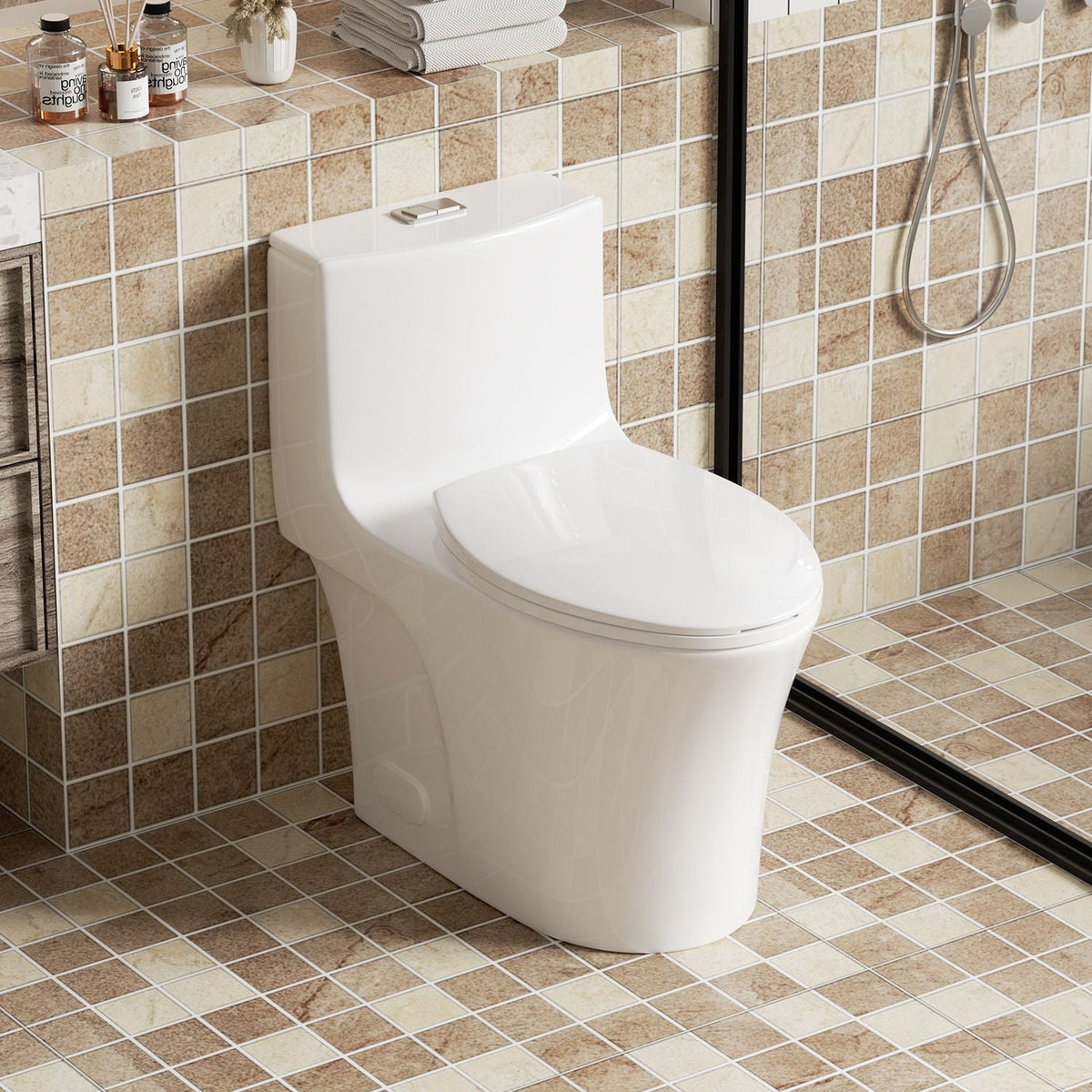 Elegant one-piece toilet with tornado dual flush, white ceramic in tiled bathroom on Tampa Home & Garden Store