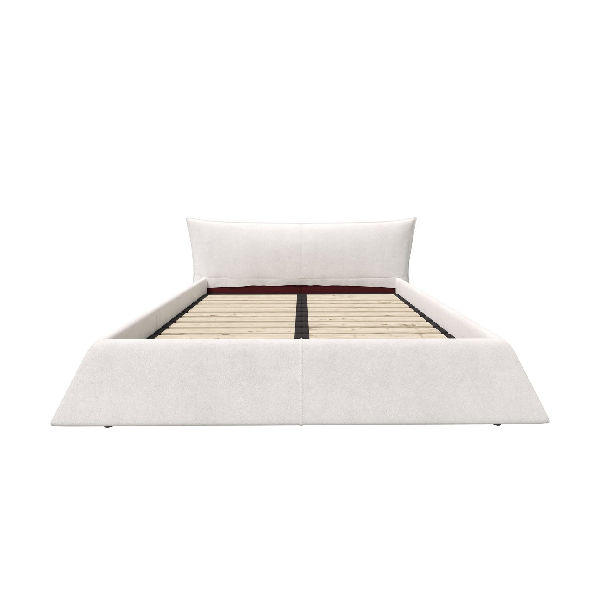 Upholstered platform bed, white fabric, curved headboard, exposed slatted base on Tampa Home & Garden Store