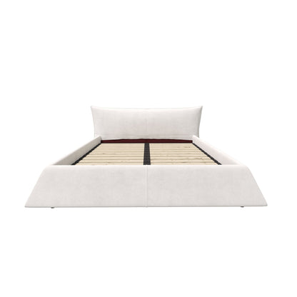 Upholstered platform bed, white fabric, curved headboard, exposed slatted base on Tampa Home & Garden Store