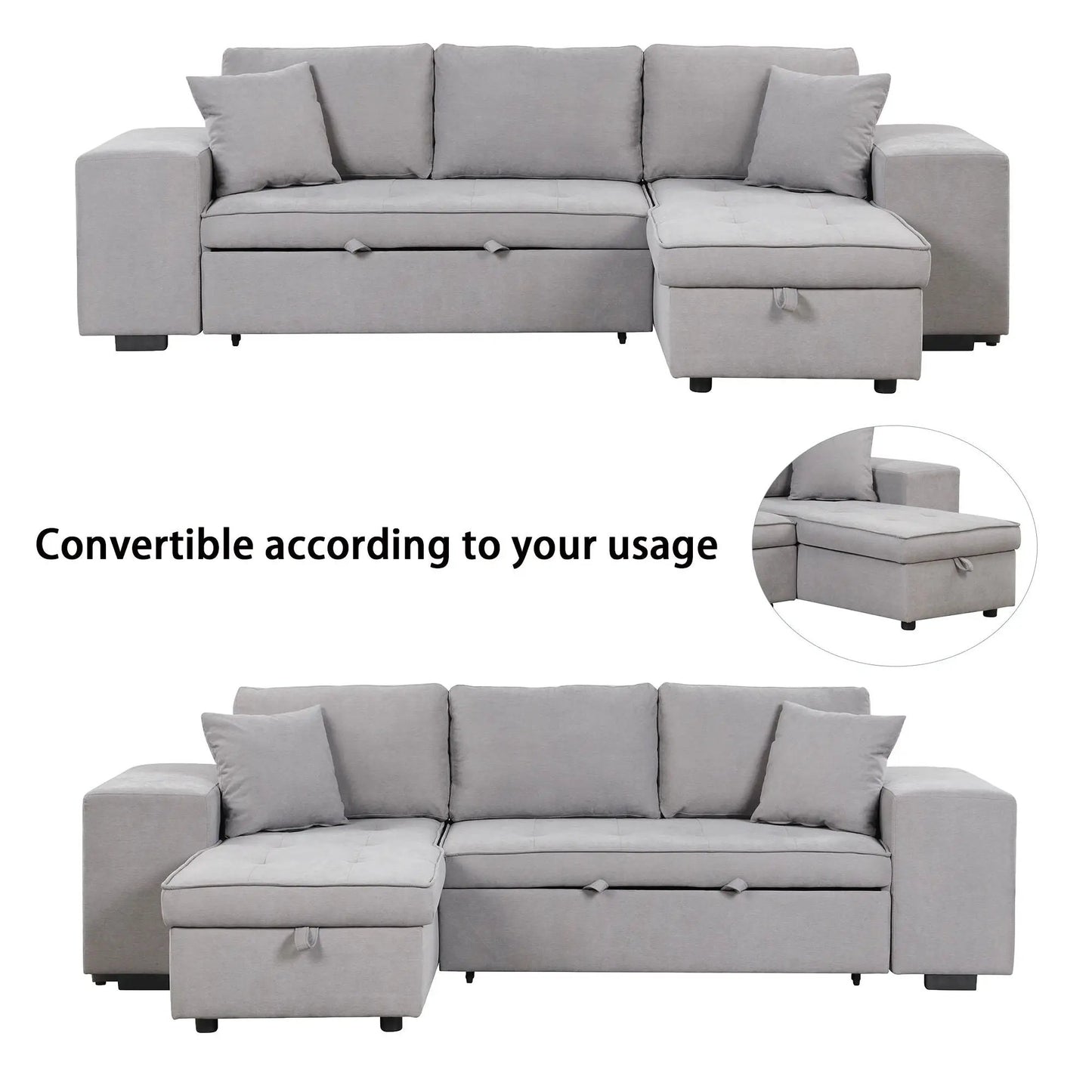 Sleeper sectional sofa gray fabric with storage chaise and 2 stools Unique Piece Furniture on Tampa Home & Garden Store
