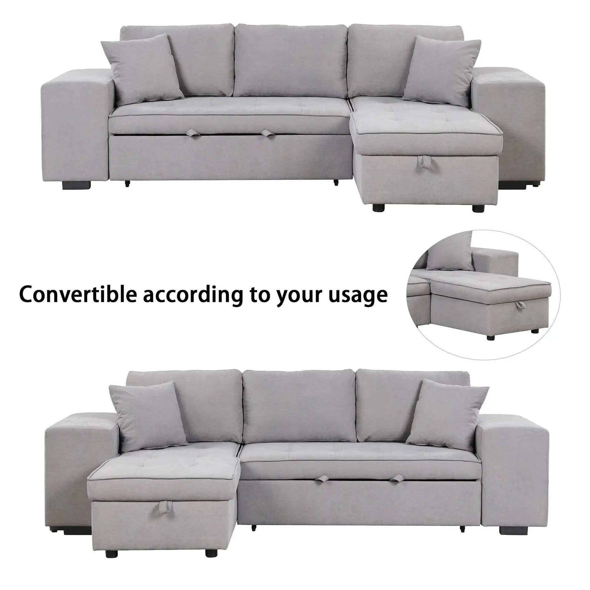 Sleeper sectional sofa gray fabric with storage chaise and 2 stools Unique Piece Furniture on Tampa Home & Garden Store