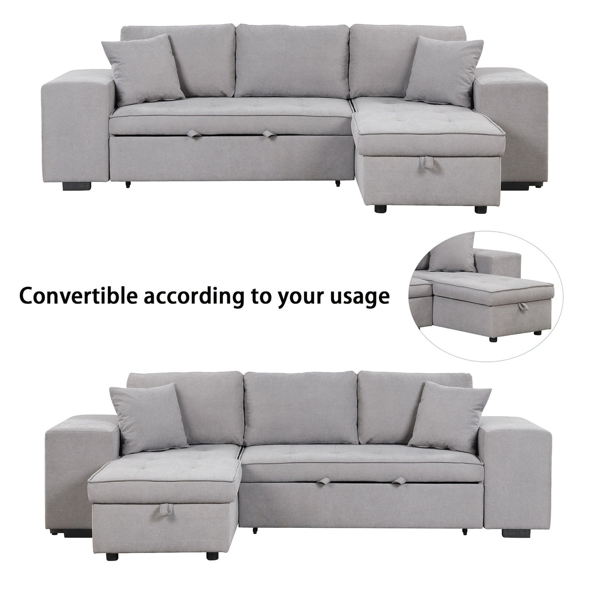 L-shaped sleeper sectional with chaise, storage ottoman and 2 stools in gray fabric on Tampa Home & Garden Store
