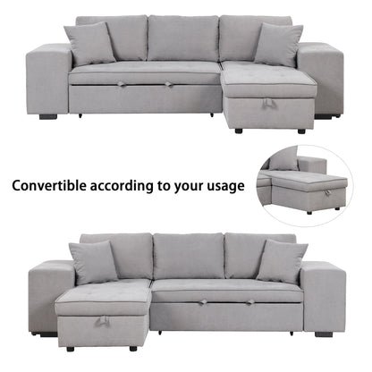 L-shaped sleeper sectional with chaise, storage ottoman and 2 stools in gray fabric on Tampa Home & Garden Store