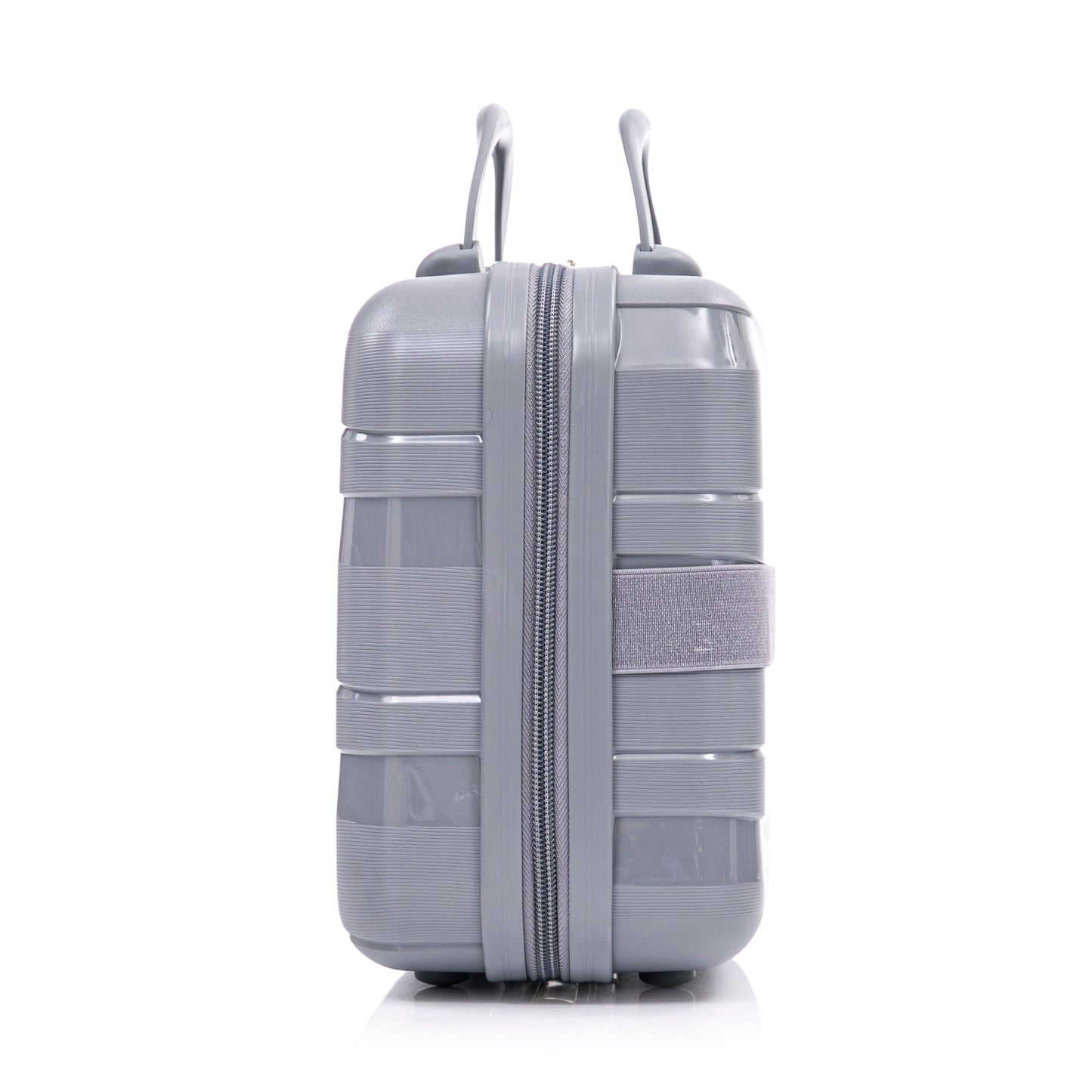 HouseOfZazla 4-Piece PP Spinner Wheel Luggage Set light gray, top carry handle and zipper detail on Tampa Home & Garden Store