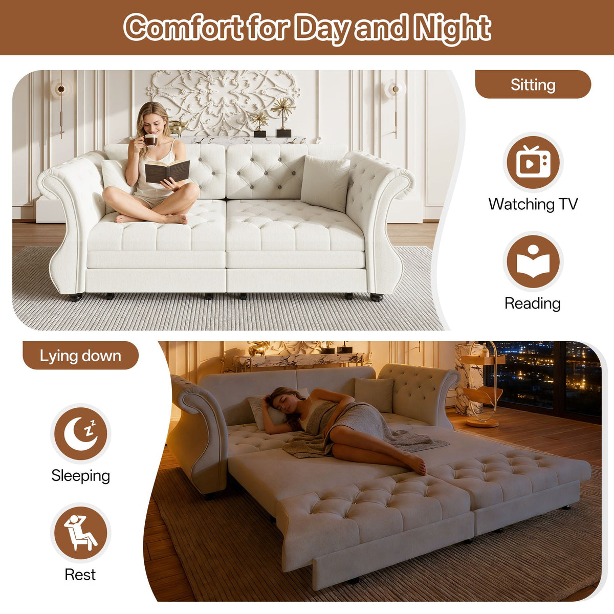 Chesterfield pull-out sofa bed in white with flower tufting and roll arms HouseOfZazla sleeper on Tampa Home & Garden Store