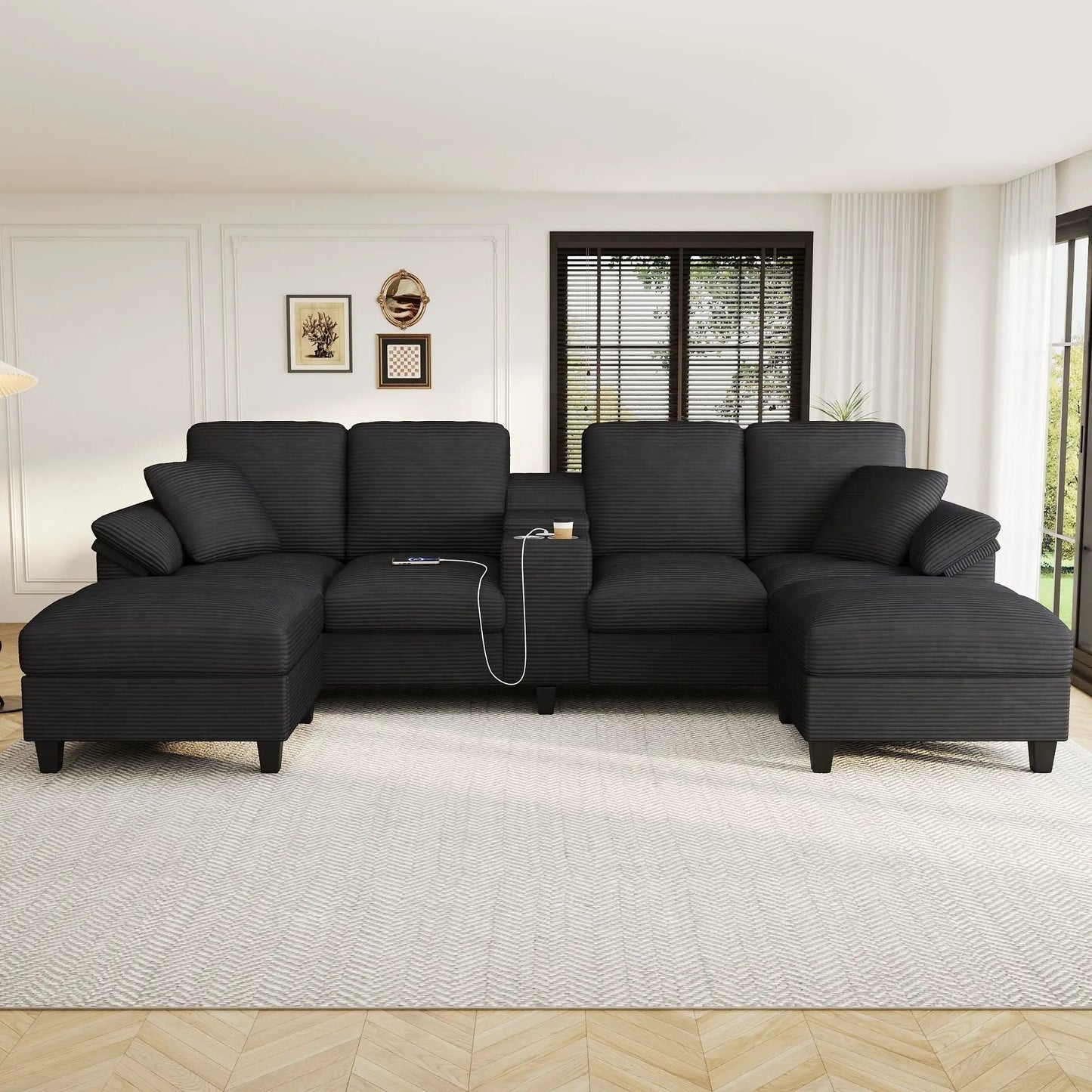 Modern U-shaped sectional sofa with storage ottomans in charcoal fabric, 3-piece set on Tampa Home & Garden Store