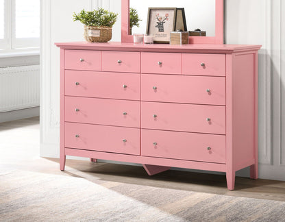 Elegant pink dresser with 9 drawers and silver knobs, topped with plant and photo frame on Tampa Home & Garden Store