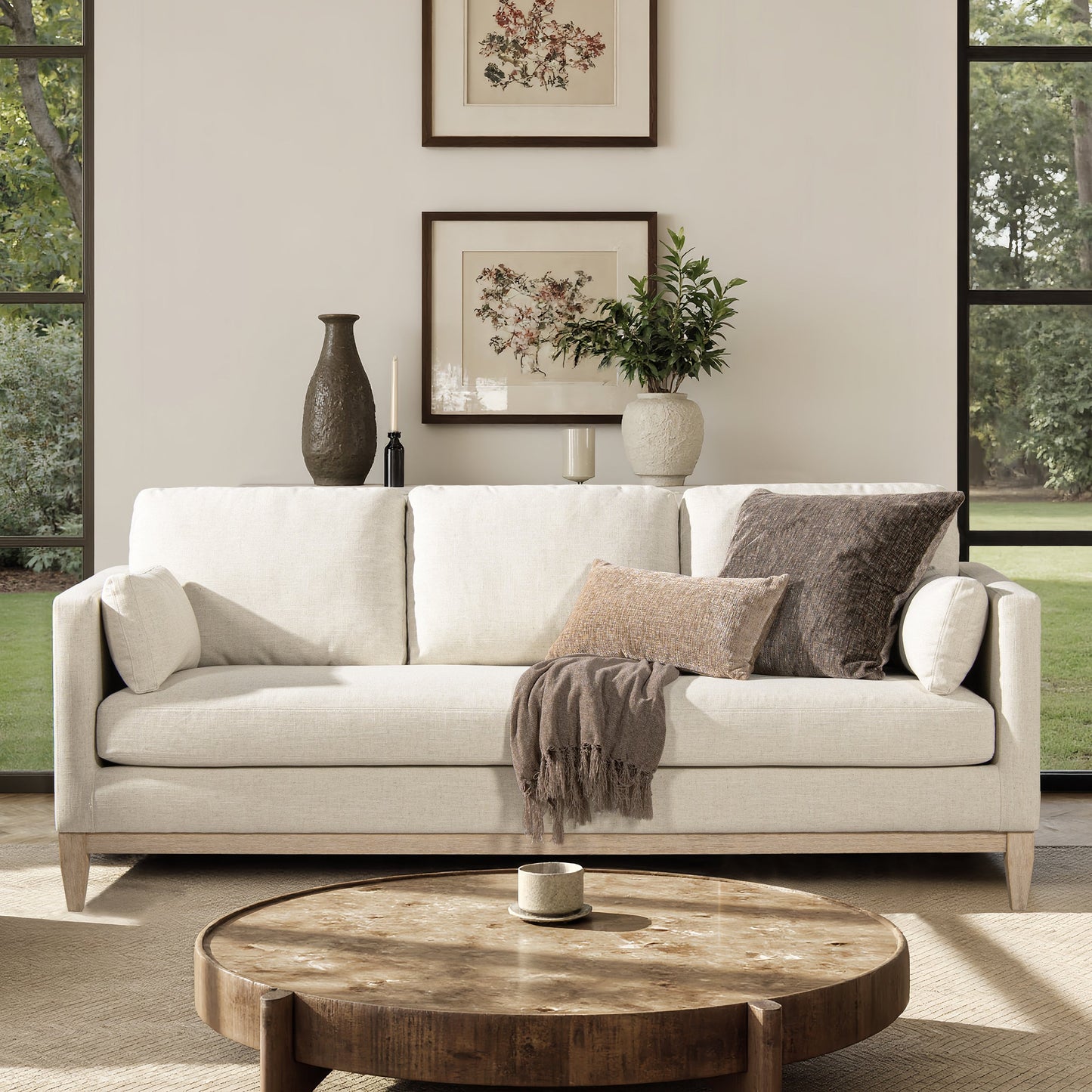 Knox 84' Modern Farmhouse Sofa flax white linen by HouseOfZazla with wooden legs in living room on Tampa Home & Garden Store