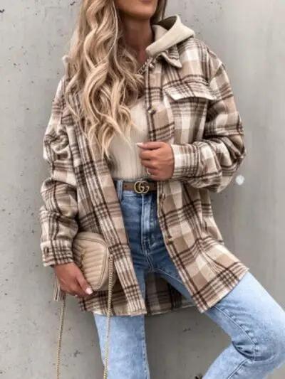 Vintage Plaid Button Up Jacket With Hood