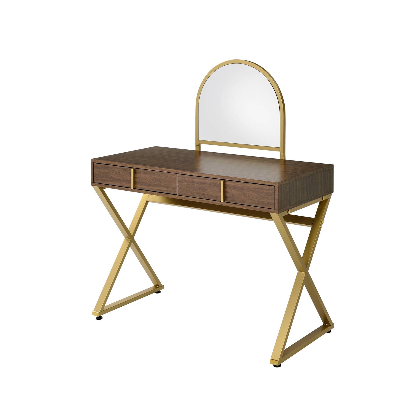 Vanity desk walnut wood with gold finish frame, arched mirror, jewelry tray on Tampa Home & Garden Store