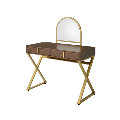 Vanity desk walnut wood with gold finish frame, arched mirror, jewelry tray on Tampa Home & Garden Store